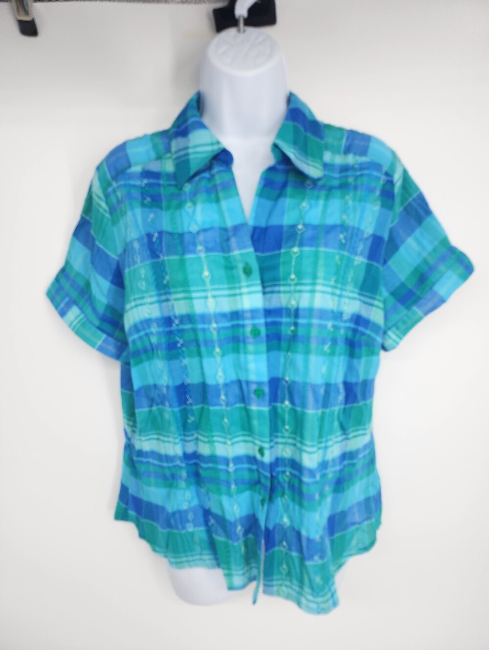 Alia Petite Shirt 12P Teal Blue Green Plaid Embroidered Button Down Camp Blouse